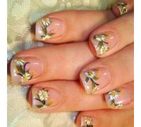 24 Pcs French Tip Press On Nails Short Square False Nails Flowers Acrylic Nails Glittering Full Covers Stick On Nails