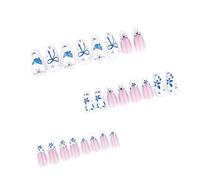 24 Pcs French Tip Stick On Nails Bows False Nails Short Almond Press On Blue Flowers Artificial Acrylic