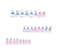 24 Pcs French Tip Stick On Nails Bows False Short Almond Press On Blue Flowers Artificial Acrylic
