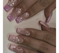 24 Pcs French Tip Stick On Nails False With Rhinestones Mediums Length Press On Flowers Artificial