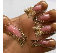 24 Pcs French Tip Stick On Nails Glittering False Duck Shaped Press On Butterfly Artificial Acrylic