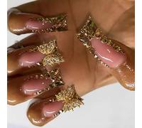 24 Pcs French Tip Stick On Nails Glittering False Duck Shaped Press On Butterfly Artificial Acrylic