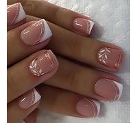 24 Pcs French Tip Stick On Nails Glittering False Nails Short Square Press On Leaf Artificial Acrylic