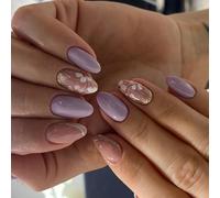 24 Pcs French Tip Stick On Nails Glossy False Almond Shape Press On White Flowers Artificial Acrylic