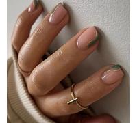 24 Pcs French Tip Stick On Nails Green False Nails Short Square Press On Swirls Artificial Acrylic