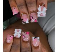 24 Pcs French Tip Stick On Nails Lovely Star False Nails Short Square Press On Nails 3D Bows Artificial Nails