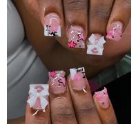 24 Pcs French Tip Stick On Nails Lovely Star False Nails Short Square Press On Nails 3D Bows Artificial Nails