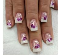 24 Pcs French Tip Stick On Nails Valentines Day False Nails Heart Artificial Nails Short Square Press On Nails