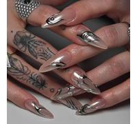 24 Pcs Full Covers Stick On Nails Irregular Flame Press On Nails Reusable Artificial Mediums Almond False