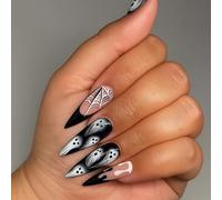 24 PCS Ghost White Press-On Nails - Long Stiletto Shape Midnight Black Spiderweb Silver Spooky Ghost Design - Phantom Smoke Effect Haunted Night Gothic Web Chic for Women Festival Thanksgiving