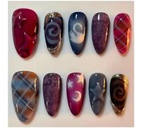 24 Pcs Gilded Stars & Moon Press On Nails | Medium Length Almond False Nail | 3D Stars Full Cover Acrylic Stick On Nails With Nail Kit For Women