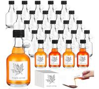 24 Pcs Glass Maple Syrup Bottles, 50 ml Mini Syrup Bottles with Loop Handle and Plastic Lids Stickers, Reusable Empty Clear Syrup Jars Containers for Alcohol Oil Milk Juice Sauce Storage Gift