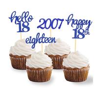24 Pcs Glitter 18th Birthday Cupcake Toppers for Celebrating 18th Birthday Party Decorations for Eighteen Years Old Birthday Party Supplies (Blue)