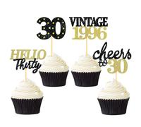 24 Pcs Glitter 30th Birthday Cupcake Toppers, Since 1996 Cupcake Picks for Celebrating Thirty Years Old Birthday Decorations for 30th Anniversary Party Supplies (Black&Gold-1996)