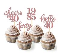 24 Pcs Glitter 40th Birthday Cupcake Toppers for Celebrating Forty Years Old Birthday Party Decorations for 40th Anniversary Party Supplies (Rose Gold2)