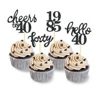 24 Pcs Glitter 40th Birthday Cupcake Toppers for Celebrating Forty Years Old Birthday Party Decorations for 40th Anniversary Party Supplies (Black)