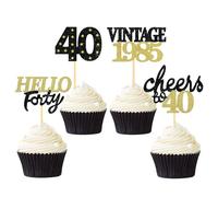 24 Pcs Glitter 40th Birthday Cupcake Toppers for Celebrating Forty Years Old Birthday Party Decorations for 40th Anniversary Party Supplies (Black&Gold)