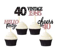 24 Pcs Glitter 40th Birthday Cupcake Toppers for Celebrating Forty Years Old Birthday Party Decorations for 40th Anniversary Party Supplies (Black&Rose Gold)
