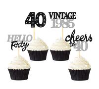 24 Pcs Glitter 40th Birthday Cupcake Toppers for Celebrating Forty Years Old Birthday Party Decorations (Black&Silver)