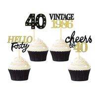 24 Pcs Glitter 40th Birthday Cupcake Toppers, Since 1986 Cupcake Picks for Celebrating Forty Years Old Birthday Decorations for 40th Anniversary Party Supplies (Black&Gold-1986)