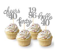 24 Pcs Glitter 40th Birthday Cupcake Toppers, Since 1986 Cupcake Picks for Celebrating Forty Years Old Birthday Decorations for 40th Anniversary Party Supplies (Sliver-1986)