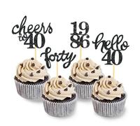 24 Pcs Glitter 40th Birthday Cupcake Toppers, Since 1986 Cupcake Picks for Celebrating Forty Years Old Birthday Decorations for 40th Anniversary Party Supplies (Black-1986)