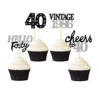 24 Pcs Glitter 40th Birthday Cupcake Toppers, Since 1986 Cupcake Picks for Celebrating Forty Years Old Birthday Decorations for 40th Anniversary Party Supplies (Black&Sliver-1986)