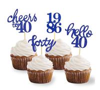 24 Pcs Glitter 40th Birthday Cupcake Toppers, Since 1986 Cupcake Picks for Celebrating Forty Years Old Birthday Decorations for 40th Anniversary Party Supplies (Bleu-1986)