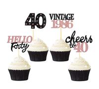 24 Pcs Glitter 40th Birthday Cupcake Toppers, Since 1986 Cupcake Picks for Celebrating Forty Years Old Birthday Decorations for 40th Anniversary Party Supplies (Black&Rose Gold-1986)