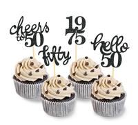 24 Pcs Glitter 50th Birthday Cupcake Toppers for Celebrating Fifty Years Old Birthday Party Decorations (Black2)