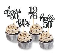 24 Pcs Glitter 50th Birthday Cupcake Toppers, Since 1976 Cupcake Picks for Celebrating Fifty Years Old Birthday Decorations for 50th Anniversary Party Supplies (Black-1976)