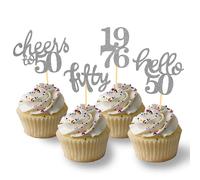 24 Pcs Glitter 50th Birthday Cupcake Toppers, Since 1976 Cupcake Picks for Celebrating Fifty Years Old Birthday Decorations for 50th Anniversary Party Supplies (Sliver-1976)