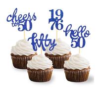 24 Pcs Glitter 50th Birthday Cupcake Toppers, Since 1976 Cupcake Picks for Celebrating Fifty Years Old Birthday Decorations for 50th Anniversary Party Supplies (Bleu-1976)
