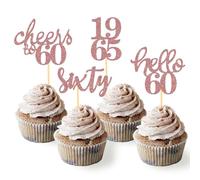 24 Pcs Glitter 60th Birthday Cupcake Toppers for Celebrating Sixty Years Old Birthday Party Decorations (Rose Gold)