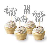 24 Pcs Glitter 60th Birthday Cupcake Toppers for Celebrating Sixty Years Old Birthday Party Decorations (Silver)