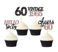 24 Pcs Glitter 60th Birthday Cupcake Toppers for Celebrating Sixty Years Old Birthday Party Decorations (Black&Rose Gold)