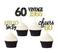24 Pcs Glitter 60th Birthday Cupcake Toppers for Celebrating Sixty Years Old Birthday Party Decorations (Black&Gold)
