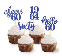 24 Pcs Glitter 60th Birthday Cupcake Toppers for Celebrating Sixty Years Old Birthday Party Decorations (Blue)