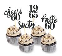 24 Pcs Glitter 60th Birthday Cupcake Toppers for Celebrating Sixty Years Old Birthday Party Decorations (Black)