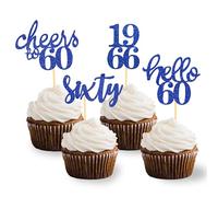 24 Pcs Glitter 60th Birthday Cupcake Toppers, Since 1966 Cupcake Picks for Celebrating Sixty Years Old Birthday Decorations for 60th Anniversary Party Supplies (Bleu-1966)