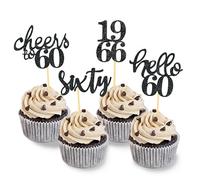 24 Pcs Glitter 60th Birthday Cupcake Toppers, Since 1966 Cupcake Picks for Celebrating Sixty Years Old Birthday Decorations for 60th Anniversary Party Supplies (Black-1966)