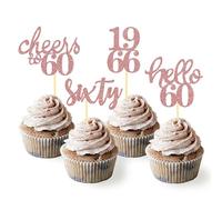 24 Pcs Glitter 60th Birthday Cupcake Toppers, Since 1966 Cupcake Picks for Celebrating Sixty Years Old Birthday Decorations for 60th Anniversary Party Supplies (Rose Gold-1966)