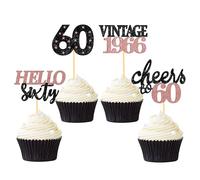24 Pcs Glitter 60th Birthday Cupcake Toppers, Since 1966 Cupcake Picks for Celebrating Sixty Years Old Birthday Decorations for 60th Anniversary Party Supplies (Black&Rose Gold-1966)
