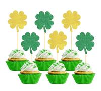 24 PCS Glitter Lucky Four Leaf Clover Cupcake Toppers, St.Patrick's Day Shamrock Cake Toppers for for St Patrick's Day Party Decorations (Trefoil A)