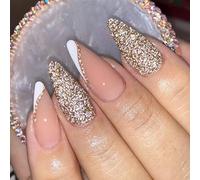 24 Pcs Glitter Stiletto False Nails Short with Star,Black French,Geometric Fake Nails Short,Almond for Women,Nails Fake Nail for Nails Art white&gold1