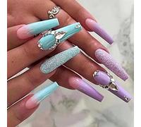 24 Pcs Glitter Stiletto False Nails Short with Star,Black French,Geometric Fake Nails Short,Almond for Women,Nails Fake Nail for Nails Art 26purple&blue10