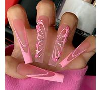 24 Pcs Glitter Stiletto False Nails Short with Star,Black French,Geometric Fake Nails Short,Almond for Women,Nails Fake Nail for Nails Art Butterfly&pink 1