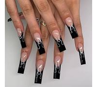 24 Pcs Glitter Stiletto False Nails Short with Star,Black French,Geometric Fake Nails Short,Almond for Women,Nails Fake Nail for Nails Art Flame & Black1