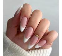 24 Pcs Glitter Stiletto False Nails Short with Star,Black French,Geometric Fake Nails Short,Almond for Women,Nails Fake Nail for Nails Art Beige&diamond1