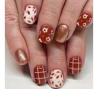 24 Pcs Glittering False Nails Flowers And Lines Artificial Full Covers Stick On Short Square Press On